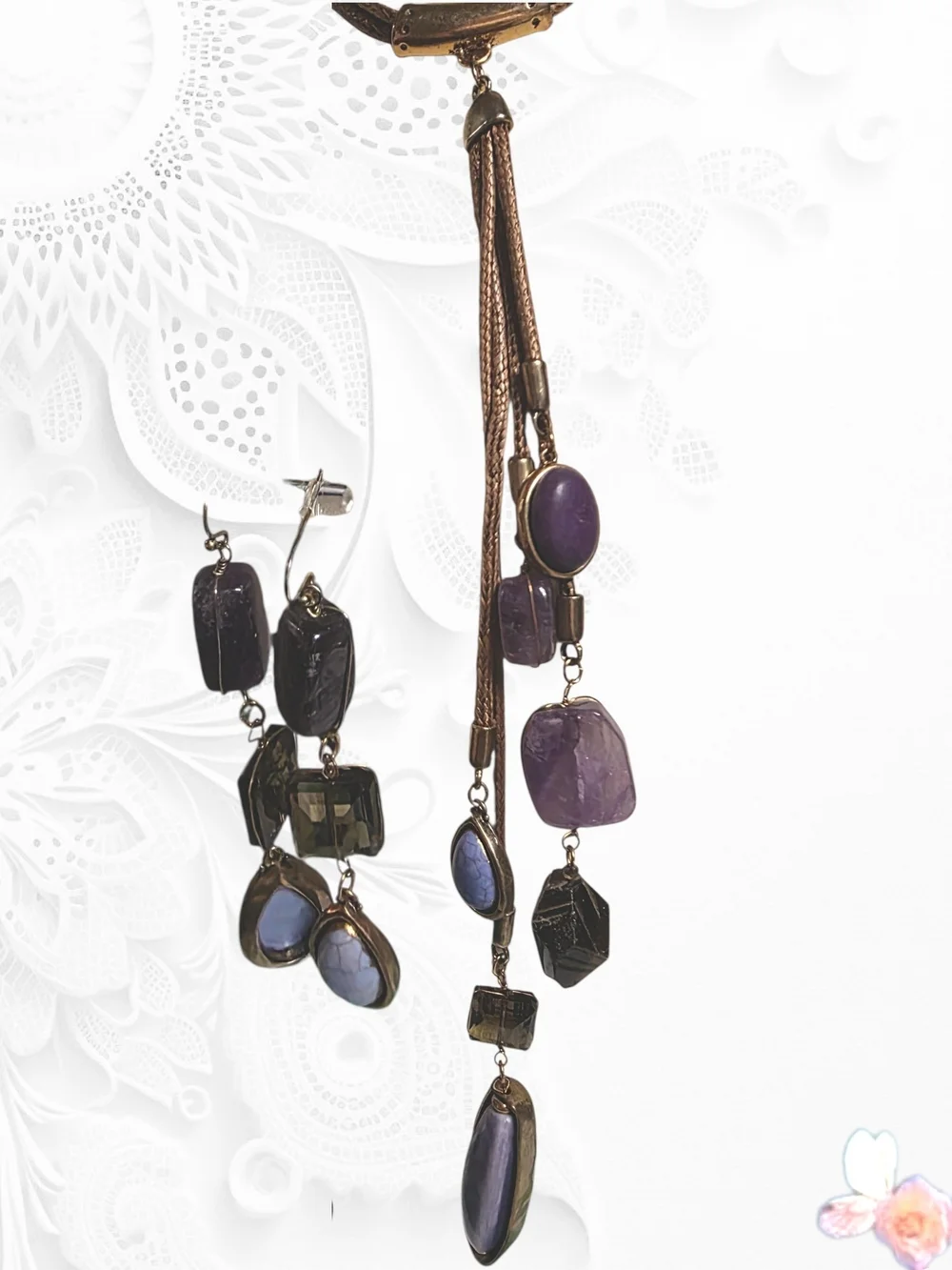 Chico's Genuine Amethyst Stone Necklace & Earrings Set - Artisan Purple